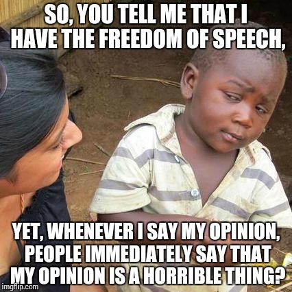 Oh, those liberals and conservatives. Always looking out for arguments to prove some point we don't care about. | SO, YOU TELL ME THAT I HAVE THE FREEDOM OF SPEECH, YET, WHENEVER I SAY MY OPINION, PEOPLE IMMEDIATELY SAY THAT MY OPINION IS A HORRIBLE THING? | image tagged in memes,third world skeptical kid | made w/ Imgflip meme maker
