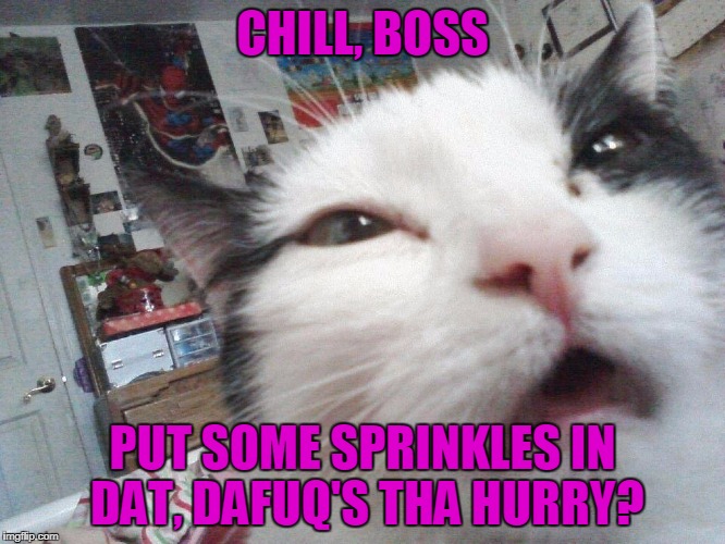 CHILL, BOSS PUT SOME SPRINKLES IN DAT, DAFUQ'S THA HURRY? | made w/ Imgflip meme maker