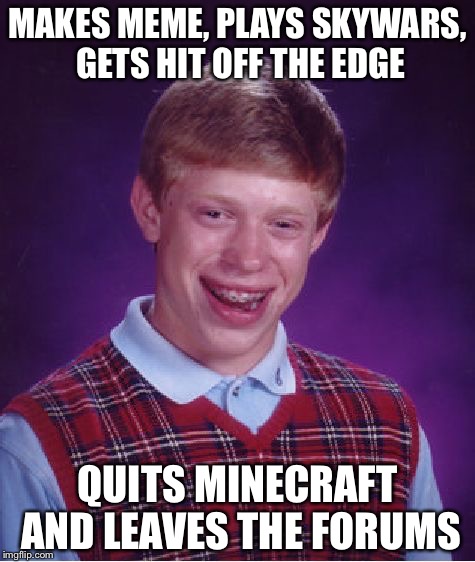 Bad Luck Brian Meme | MAKES MEME, PLAYS SKYWARS, GETS HIT OFF THE EDGE; QUITS MINECRAFT AND LEAVES THE FORUMS | image tagged in memes,bad luck brian | made w/ Imgflip meme maker