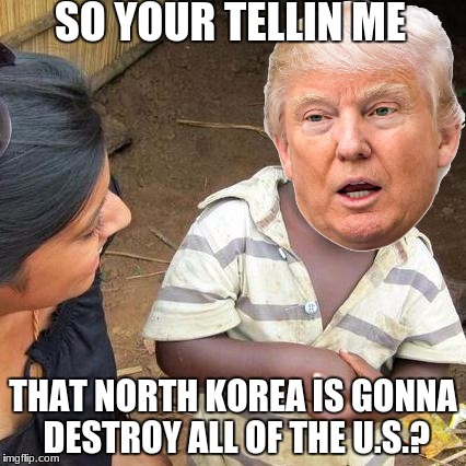 Third World Skeptical Kid | SO YOUR TELLIN ME; THAT NORTH KOREA IS GONNA DESTROY ALL OF THE U.S.? | image tagged in memes,third world skeptical kid | made w/ Imgflip meme maker