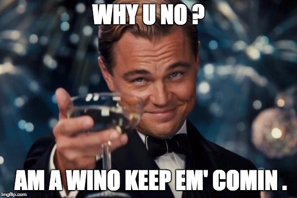 Leonardo Dicaprio Cheers Meme | WHY U NO ? AM A WINO KEEP EM' COMIN . | image tagged in memes,leonardo dicaprio cheers | made w/ Imgflip meme maker