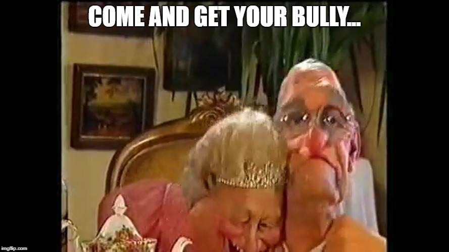 Queen Mum Bullseye | COME AND GET YOUR BULLY... | image tagged in queen mum,jim bowen,spitting image | made w/ Imgflip meme maker