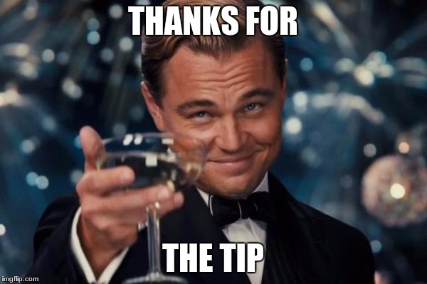 Leonardo Dicaprio Cheers Meme | THANKS FOR THE TIP | image tagged in memes,leonardo dicaprio cheers | made w/ Imgflip meme maker
