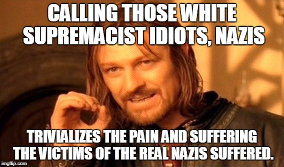 One Does Not Simply Meme | CALLING THOSE WHITE SUPREMACIST IDIOTS, NAZIS TRIVIALIZES THE PAIN AND SUFFERING THE VICTIMS OF THE REAL NAZIS SUFFERED. | image tagged in memes,one does not simply | made w/ Imgflip meme maker