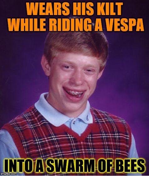 Bad Luck Brian Meme | WEARS HIS KILT WHILE RIDING A VESPA INTO A SWARM OF BEES | image tagged in memes,bad luck brian | made w/ Imgflip meme maker