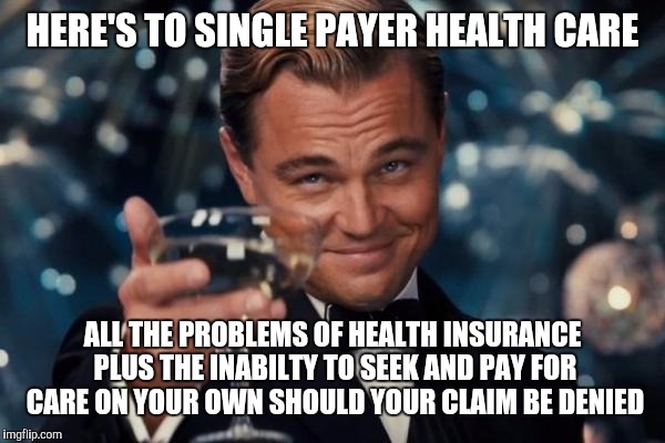 Leonardo Dicaprio Cheers Meme | HERE'S TO SINGLE PAYER HEALTH CARE; ALL THE PROBLEMS OF HEALTH INSURANCE PLUS THE INABILTY TO SEEK AND PAY FOR CARE ON YOUR OWN SHOULD YOUR CLAIM BE DENIED | image tagged in memes,leonardo dicaprio cheers | made w/ Imgflip meme maker