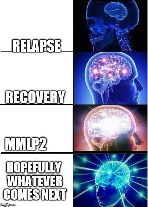 expanding library
 | RELAPSE; RECOVERY; MMLP2; HOPEFULLY WHATEVER COMES NEXT | image tagged in expanding brain,eminem,relapse,recovery,mmlp2,2017 | made w/ Imgflip meme maker