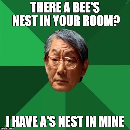 High Expectations Asian Father Meme | THERE A BEE'S NEST IN YOUR ROOM? I HAVE A'S NEST IN MINE | image tagged in memes,high expectations asian father | made w/ Imgflip meme maker