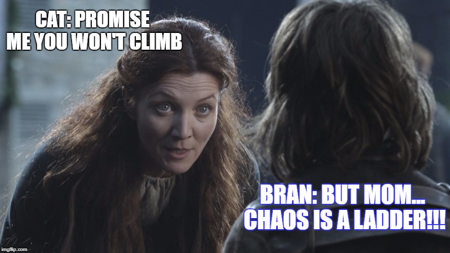 CAT: PROMISE ME YOU WON'T CLIMB; BRAN: BUT MOM... CHAOS IS A LADDER!!! | image tagged in chaos is a ladder | made w/ Imgflip meme maker
