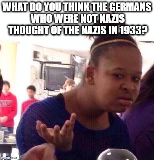 Black Girl Wat Meme | WHAT DO YOU THINK THE GERMANS WHO WERE NOT NAZIS THOUGHT OF THE NAZIS IN 1933? | image tagged in memes,black girl wat | made w/ Imgflip meme maker