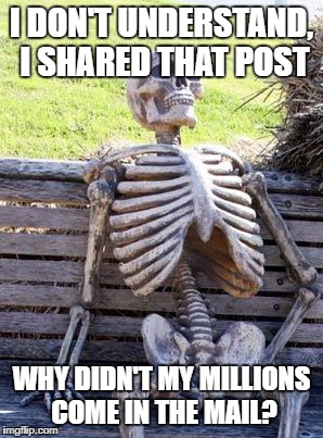 Waiting Skeleton Meme | I DON'T UNDERSTAND, I SHARED THAT POST; WHY DIDN'T MY MILLIONS COME IN THE MAIL? | image tagged in memes,waiting skeleton | made w/ Imgflip meme maker