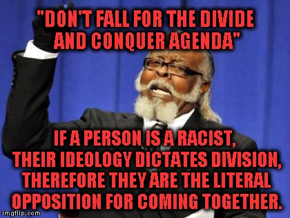 Unite to Fight! | "DON'T FALL FOR THE DIVIDE AND CONQUER AGENDA"; IF A PERSON IS A RACIST, THEIR IDEOLOGY DICTATES DIVISION, THEREFORE THEY ARE THE LITERAL OPPOSITION FOR COMING TOGETHER. | image tagged in memes,too damn high | made w/ Imgflip meme maker