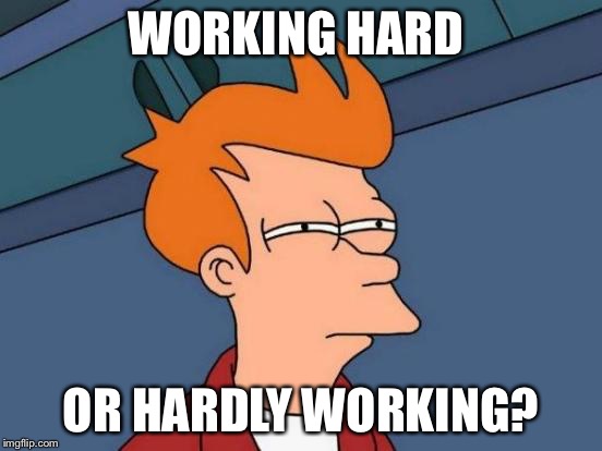 Futurama Fry Meme | WORKING HARD OR HARDLY WORKING? | image tagged in memes,futurama fry | made w/ Imgflip meme maker