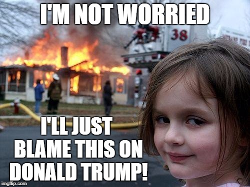 Disaster Girl | I'M NOT WORRIED; I'LL JUST BLAME THIS ON DONALD TRUMP! | image tagged in memes,disaster girl | made w/ Imgflip meme maker