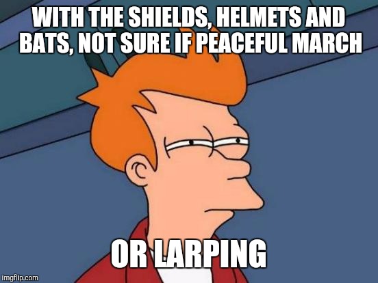 Futurama Fry Meme | WITH THE SHIELDS, HELMETS AND BATS, NOT SURE IF PEACEFUL MARCH OR LARPING | image tagged in memes,futurama fry | made w/ Imgflip meme maker