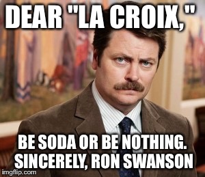Ron Swanson | DEAR "LA CROIX,"; BE SODA OR BE NOTHING. 
SINCERELY, RON SWANSON | image tagged in memes,ron swanson | made w/ Imgflip meme maker