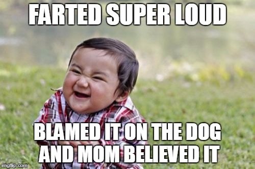 Evil Toddler Meme | FARTED SUPER LOUD; BLAMED IT ON THE DOG AND MOM BELIEVED IT | image tagged in memes,evil toddler | made w/ Imgflip meme maker