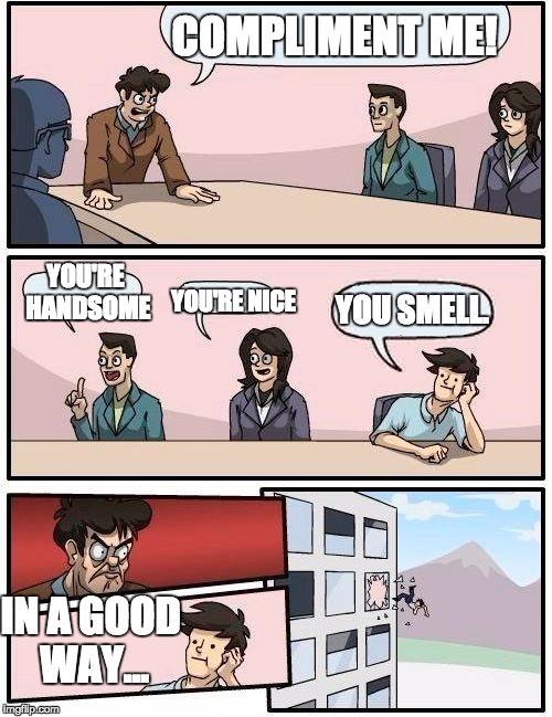way to go. | COMPLIMENT ME! YOU'RE HANDSOME; YOU'RE NICE; YOU SMELL. IN A GOOD WAY... | image tagged in memes,boardroom meeting suggestion | made w/ Imgflip meme maker