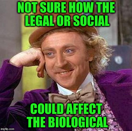 Creepy Condescending Wonka Meme | NOT SURE HOW THE LEGAL OR SOCIAL COULD AFFECT THE BIOLOGICAL | image tagged in memes,creepy condescending wonka | made w/ Imgflip meme maker