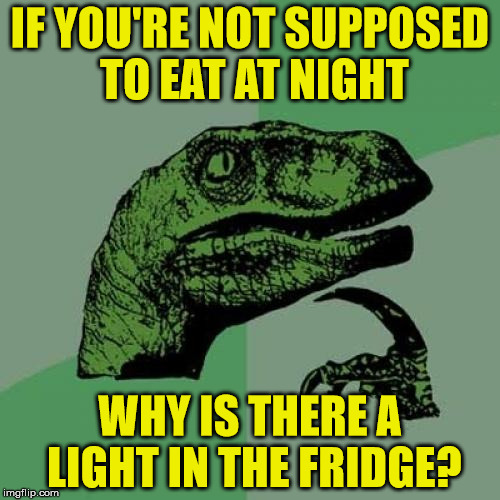 What's the point? I can see inside my fridge during the day, I don't need a light | IF YOU'RE NOT SUPPOSED TO EAT AT NIGHT; WHY IS THERE A LIGHT IN THE FRIDGE? | image tagged in memes,philosoraptor,fridge,midnight feast,light,eating | made w/ Imgflip meme maker