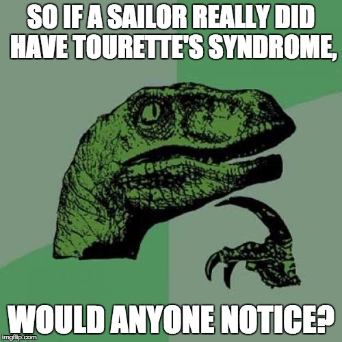 Philosoraptor | SO IF A SAILOR REALLY DID HAVE TOURETTE'S SYNDROME, WOULD ANYONE NOTICE? | image tagged in memes,philosoraptor | made w/ Imgflip meme maker