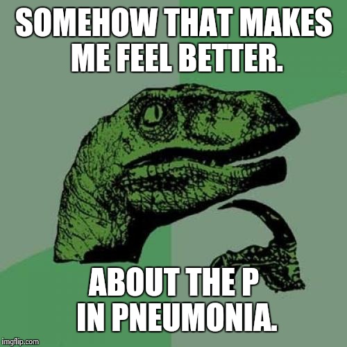 Philosoraptor Meme | SOMEHOW THAT MAKES ME FEEL BETTER. ABOUT THE P IN PNEUMONIA. | image tagged in memes,philosoraptor | made w/ Imgflip meme maker