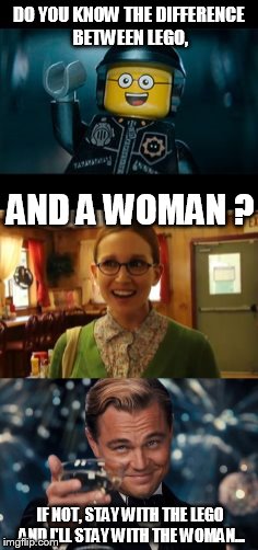 Lego, women and truth !!! | DO YOU KNOW THE DIFFERENCE BETWEEN LEGO, AND A WOMAN ? IF NOT, STAY WITH THE LEGO AND I'LL STAY WITH THE WOMAN... | image tagged in lego,sexually oblivious girlfriend,leonardo dicaprio cheers,joke | made w/ Imgflip meme maker