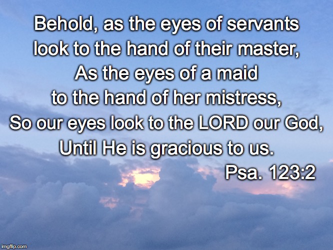 Behold, as the eyes of servants; look to the hand of their master, As the eyes of a maid; to the hand of her mistress, So our eyes look to the LORD our God, Until He is gracious to us. Psa. 123:2 | image tagged in eyes | made w/ Imgflip meme maker