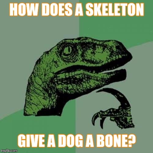 Take the bone, my hand, my arm ! | HOW DOES A SKELETON; GIVE A DOG A BONE? | image tagged in memes,philosoraptor | made w/ Imgflip meme maker