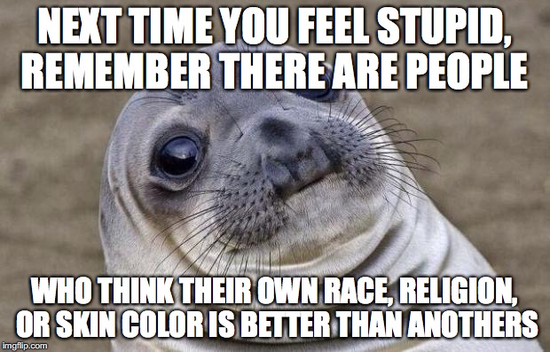 Awkward Moment Sealion | NEXT TIME YOU FEEL STUPID, REMEMBER THERE ARE PEOPLE; WHO THINK THEIR OWN RACE, RELIGION, OR SKIN COLOR IS BETTER THAN ANOTHERS | image tagged in memes,awkward moment sealion | made w/ Imgflip meme maker