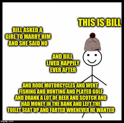 Be Like Bill Meme | THIS IS BILL; BILL ASKED A GIRL TO MARRY HIM AND SHE SAID NO; AND BILL LIVED HAPPILY EVER AFTER; AND RODE MOTORCYCLES AND WENT FISHING AND HUNTING AND PLAYED GOLF AND DRANK A LOT OF BEER AND SCOTCH AND HAD MONEY IN THE BANK AND LEFT THE TOILET SEAT UP AND FARTED WHENEVER HE WANTED | image tagged in memes,be like bill | made w/ Imgflip meme maker