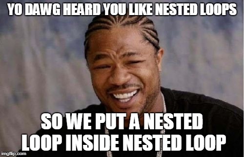 Yo Dawg Heard You Meme | YO DAWG HEARD YOU LIKE NESTED LOOPS; SO WE PUT A NESTED LOOP INSIDE NESTED LOOP | image tagged in memes,yo dawg heard you | made w/ Imgflip meme maker