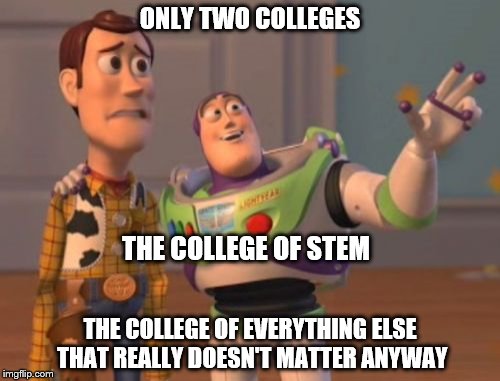 X, X Everywhere |  ONLY TWO COLLEGES; THE COLLEGE OF STEM; THE COLLEGE OF EVERYTHING ELSE THAT REALLY DOESN'T MATTER ANYWAY | image tagged in memes,x x everywhere | made w/ Imgflip meme maker