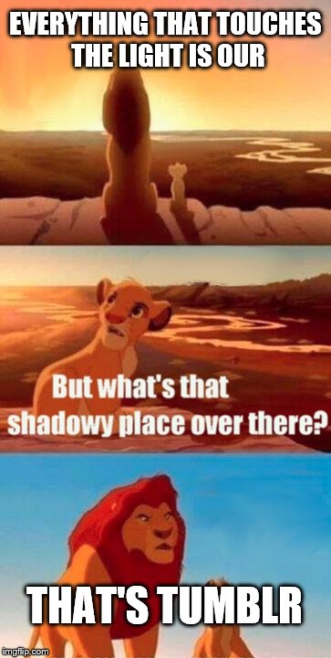 internet shadowy place | EVERYTHING THAT TOUCHES THE LIGHT IS OUR; THAT'S TUMBLR | image tagged in memes,simba shadowy place,tumblr,lion king | made w/ Imgflip meme maker