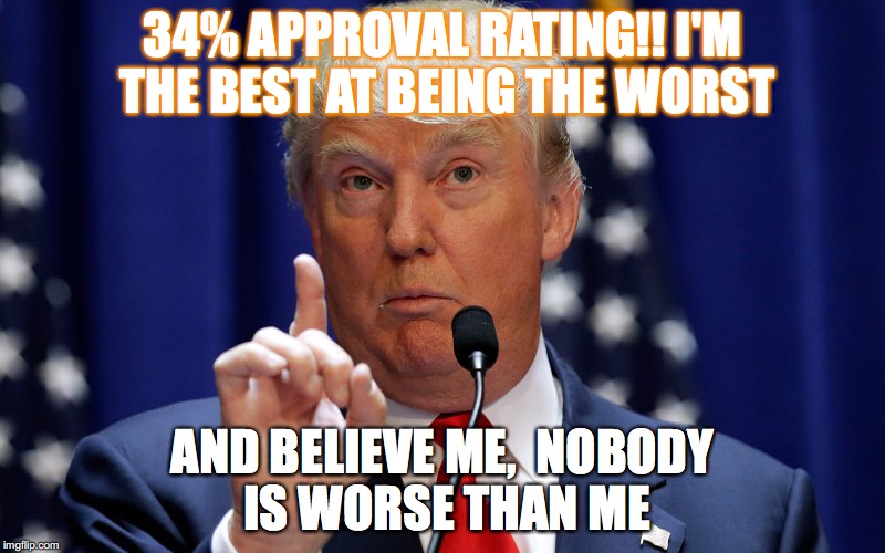 Donald Trump | 34% APPROVAL RATING!! I'M THE BEST AT BEING THE WORST; AND BELIEVE ME,  NOBODY IS WORSE THAN ME | image tagged in donald trump | made w/ Imgflip meme maker