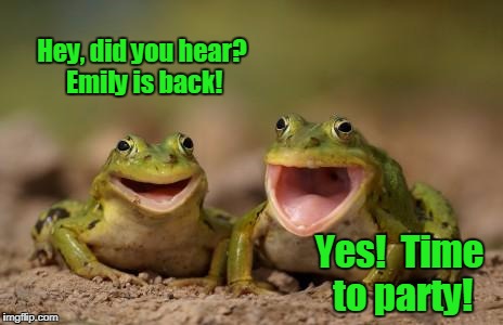 two happy frogs  | Hey, did you hear? Emily is back! Yes!  Time to party! | image tagged in two happy frogs | made w/ Imgflip meme maker