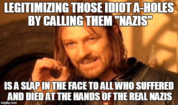 One Does Not Simply Meme | LEGITIMIZING THOSE IDIOT A-HOLES BY CALLING THEM "NAZIS" IS A SLAP IN THE FACE TO ALL WHO SUFFERED AND DIED AT THE HANDS OF THE REAL NAZIS | image tagged in memes,one does not simply | made w/ Imgflip meme maker