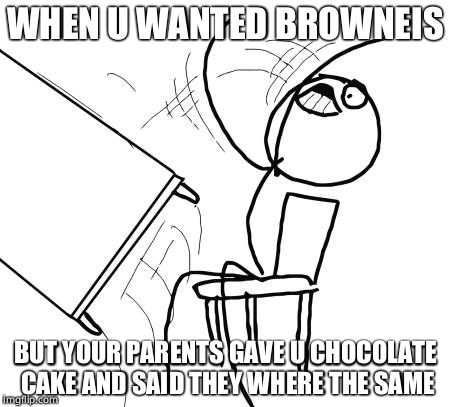 Table Flip Guy Meme | WHEN U WANTED BROWNEIS; BUT YOUR PARENTS GAVE U CHOCOLATE CAKE AND SAID THEY WHERE THE SAME | image tagged in memes,table flip guy | made w/ Imgflip meme maker