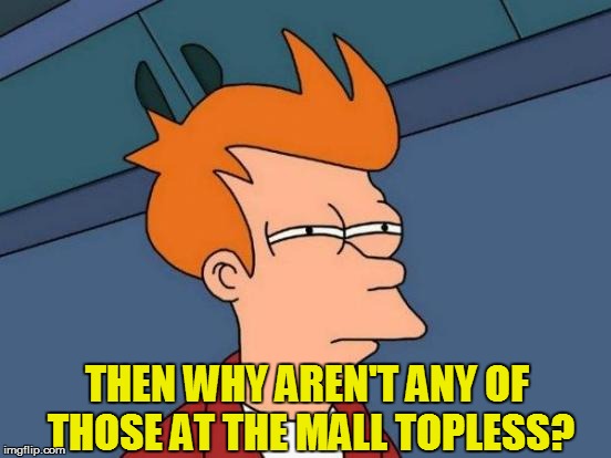 Futurama Fry Meme | THEN WHY AREN'T ANY OF THOSE AT THE MALL TOPLESS? | image tagged in memes,futurama fry | made w/ Imgflip meme maker
