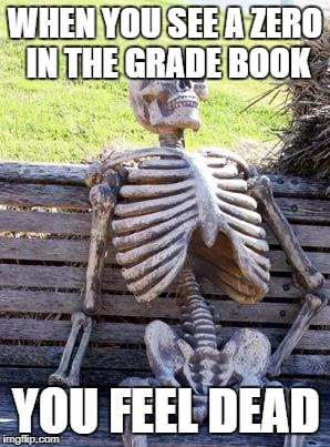 Waiting Skeleton | WHEN YOU SEE A ZERO IN THE GRADE BOOK; YOU FEEL DEAD | image tagged in memes,waiting skeleton | made w/ Imgflip meme maker