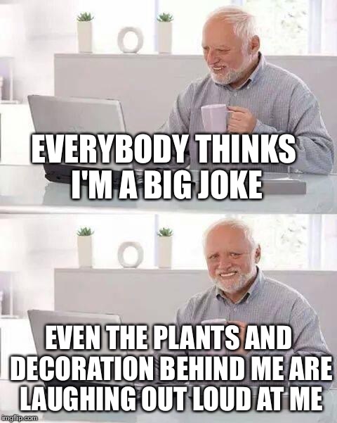 Get it? | EVERYBODY THINKS I'M A BIG JOKE; EVEN THE PLANTS AND DECORATION BEHIND ME ARE LAUGHING OUT LOUD AT ME | image tagged in memes,hide the pain harold | made w/ Imgflip meme maker