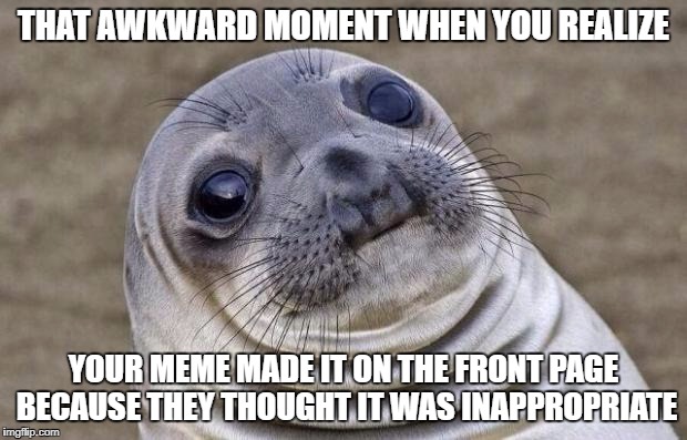 Awkward Moment Sealion Meme | THAT AWKWARD MOMENT WHEN YOU REALIZE; YOUR MEME MADE IT ON THE FRONT PAGE BECAUSE THEY THOUGHT IT WAS INAPPROPRIATE | image tagged in memes,awkward moment sealion | made w/ Imgflip meme maker