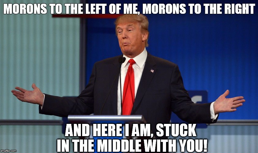 The Joker in Chief | MORONS TO THE LEFT OF ME, MORONS TO THE RIGHT; AND HERE I AM, STUCK IN THE MIDDLE WITH YOU! | image tagged in president trump | made w/ Imgflip meme maker