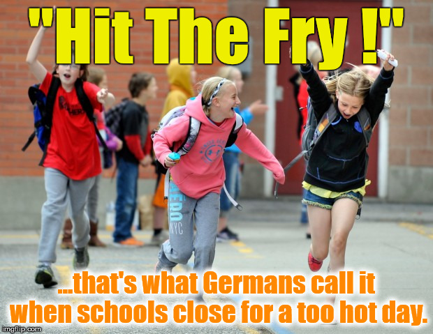 Hit The Fry ! | "Hit The Fry !"; ...that's what Germans call it when schools close for a too hot day. | image tagged in school,after school,heat,temperature | made w/ Imgflip meme maker