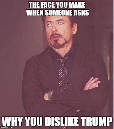 Face You Make Robert Downey Jr Meme | THE FACE YOU MAKE WHEN SOMEONE ASKS WHY YOU DISLIKE TRUMP | image tagged in memes,face you make robert downey jr | made w/ Imgflip meme maker