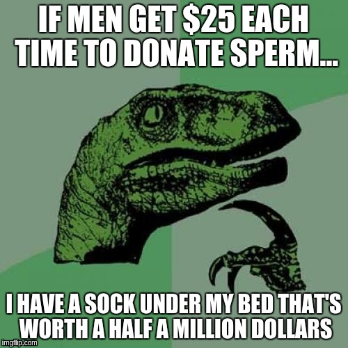 Philosoraptor Meme | IF MEN GET $25 EACH TIME TO DONATE SPERM... I HAVE A SOCK UNDER MY BED THAT'S WORTH A HALF A MILLION DOLLARS | image tagged in memes,philosoraptor | made w/ Imgflip meme maker