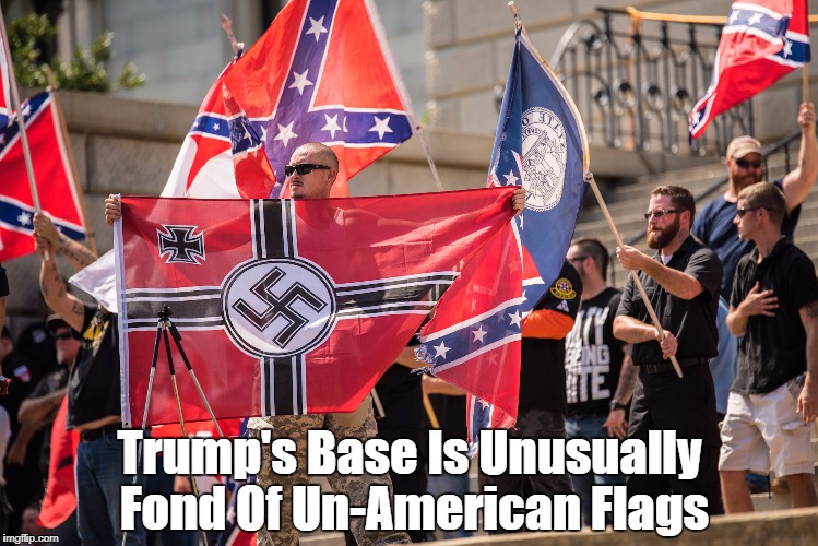 "Trump's Base Is Unusually Fond Of Un-American Flags" | Trump's Base Is Unusually Fond Of Un-American Flags | image tagged in the deplorables,white supremacy,alt-right,neo-nazis,despicable donald,dishonorable donald | made w/ Imgflip meme maker