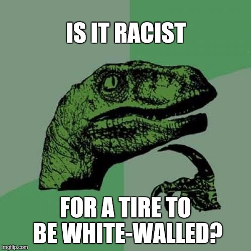 Philosoraptor Meme | IS IT RACIST; FOR A TIRE TO BE WHITE-WALLED? | image tagged in memes,philosoraptor | made w/ Imgflip meme maker