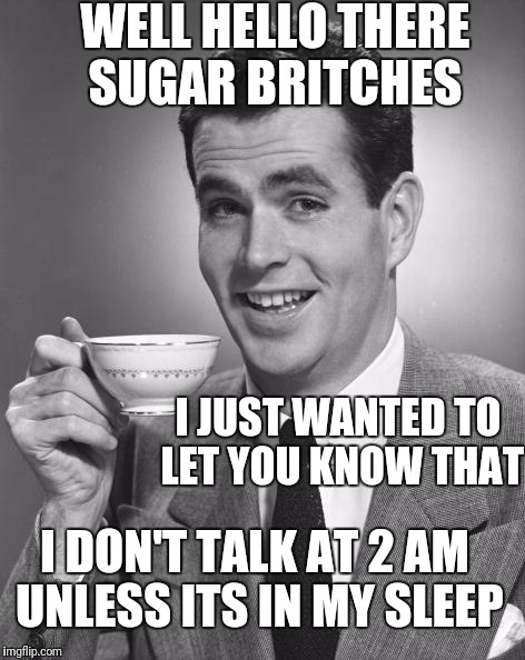 Messaging me at that hour just to chat, 
NOPE  | WELL HELLO THERE SUGAR BRITCHES; I JUST WANTED TO LET YOU KNOW THAT; I DON'T TALK AT 2 AM UNLESS ITS IN MY SLEEP | image tagged in vintage man | made w/ Imgflip meme maker