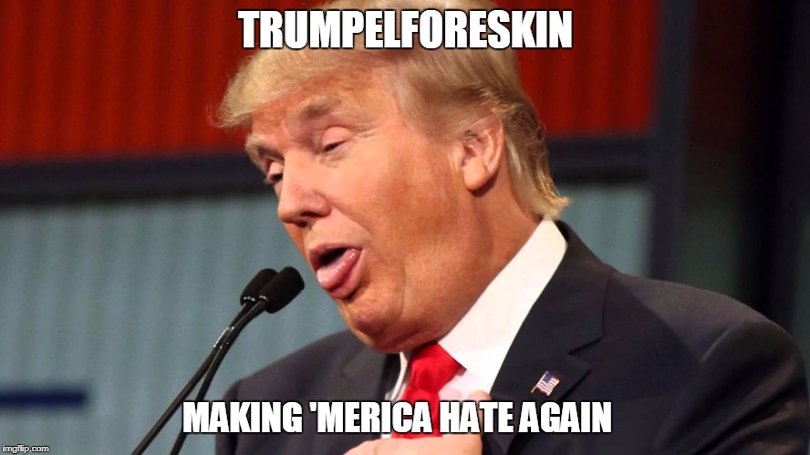 Trumpleforeskin | TRUMPELFORESKIN; MAKING 'MERICA HATE AGAIN | image tagged in trump,hate,political meme,comedy | made w/ Imgflip meme maker